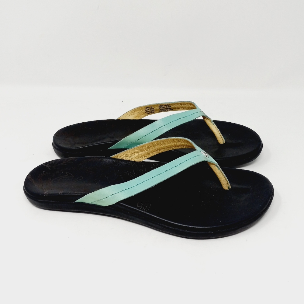 Olukai Women’s Leather Sandals Black Teal Size 7